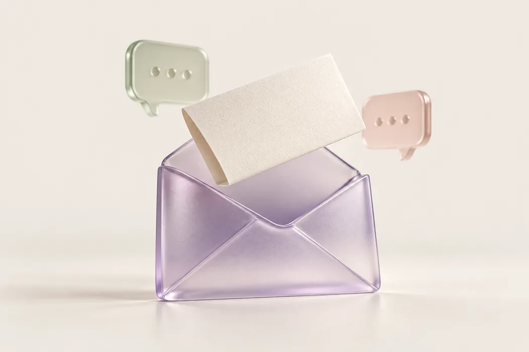 A frosted glass envelope with a cream letter and two conversation bubbles